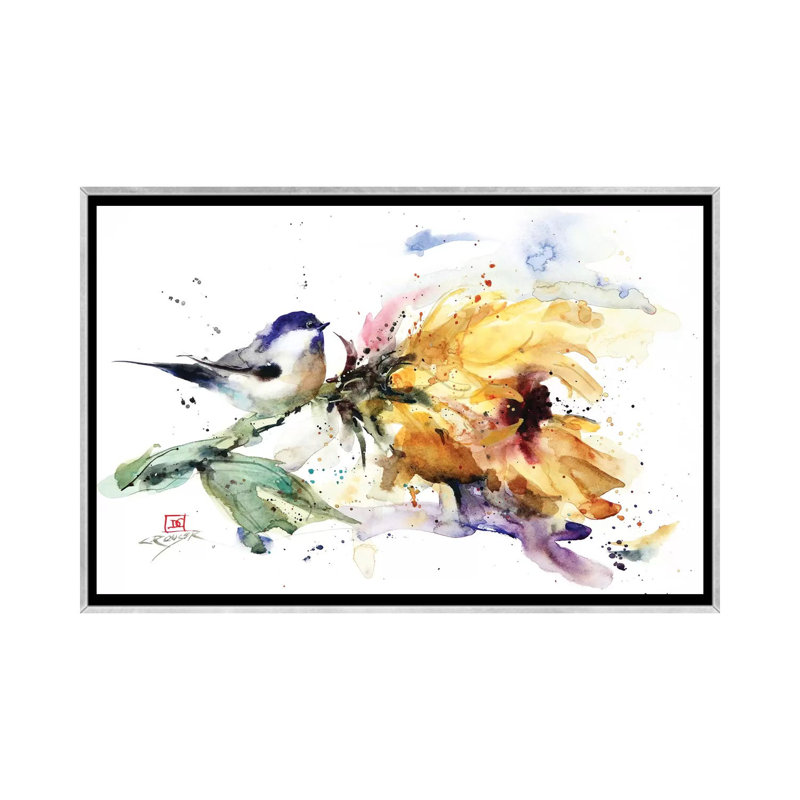 Mésange et tournesol par Dean Crouser, reproduction d’art, H 18 po x l 26 po x P 1,5 po, Pas de tapis, Encadrement argenté