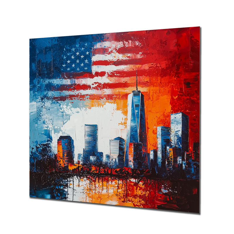 Abstrait, New York City avec drapeau américain - impression d'art mural en métal de New York, H 16 po x l 16 po
