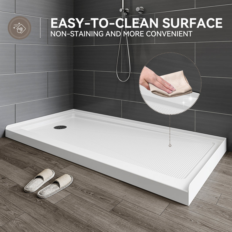 60" W X 30" D Non-slip Shower Base With Matte Black Drain Assembly, Wider Threshold Design, Left, Matte Black