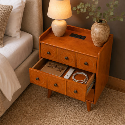 3-Drawer End Table with Top Charging Station, Solid Wood Legs, Ideal for Modern Bedrooms and Living Rooms