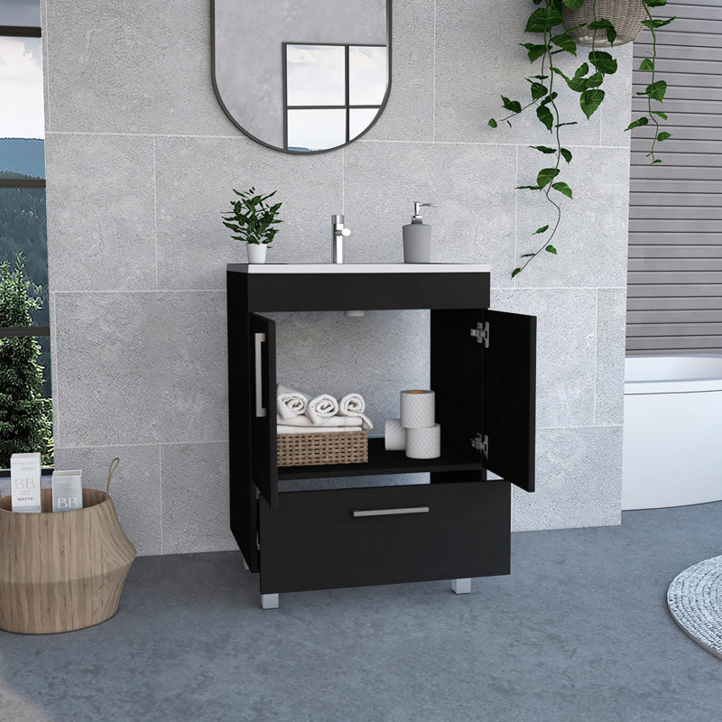 Othello Single Bathroom Vanity, Double Door Cabinet,  One Drawer, Black
