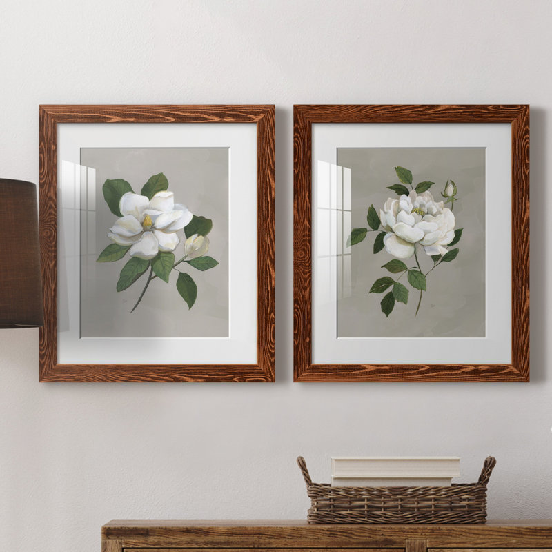 Magnolia botanique - ensemble de 2 reproductions d'art, H 20 po x l 17 po x P 1 po, Papier avec cadre érable, Blanc