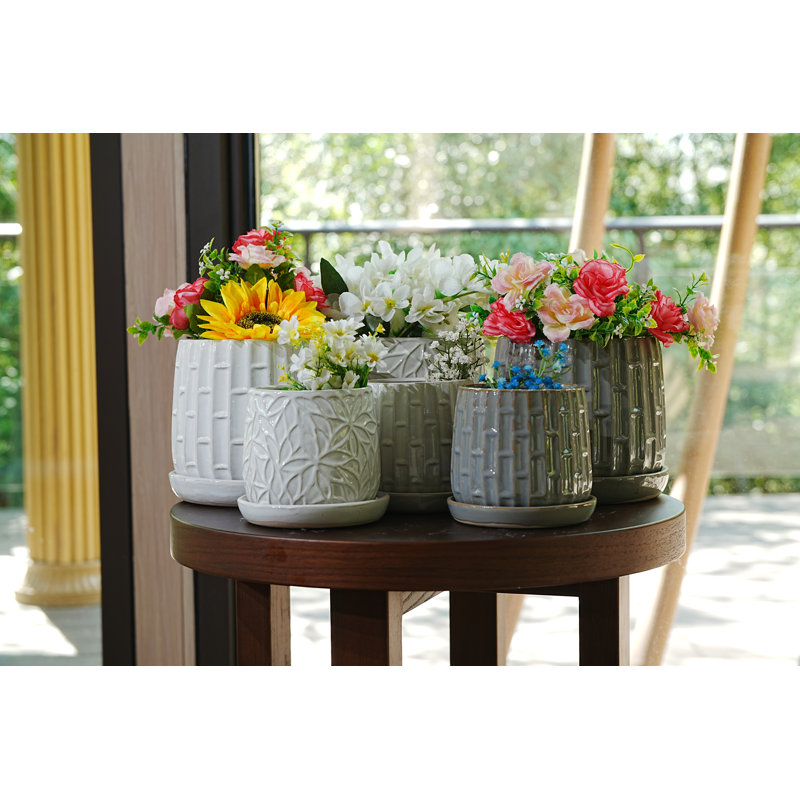 Ensemble de 2 pots de fleurs en céramique, jardinière moderne pour patio, jardin, rebord de fenêtre - gris