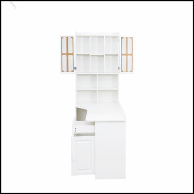 Bureau d'ordinateur de coin en L pour bureau à domicile ou bureau, style moderne avec tiroirs, bibliothèque et huche, conception 2 en 1, grand espace de travail