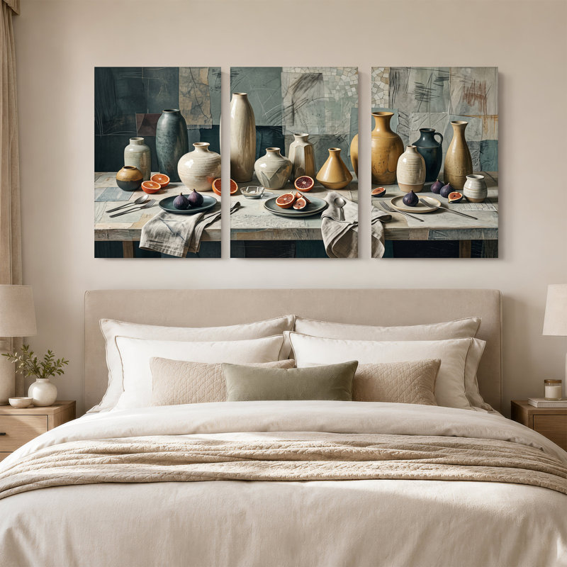 Ensemble de 3 vases en céramique assortis avec oranges sanguines et figues, H 30 po x l 20 po x 3 pièces