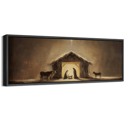 Holy Nativity Scene with Stable Glow and Peaceful Night Atmosphere - Large Framed Canvas Master Bedroom Wall Art Print