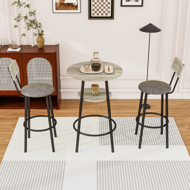 3Pcs Compact Bar Stool Set with Round Table, Upholstered Seats Stool and Storage Shelf, Grey, Grey