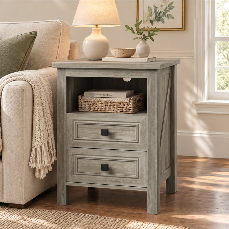 Table de chevet de style champêtre Brigman 18'' L à 2 tiroirs avec station de recharge, table d'appoint, Gris, Individuel