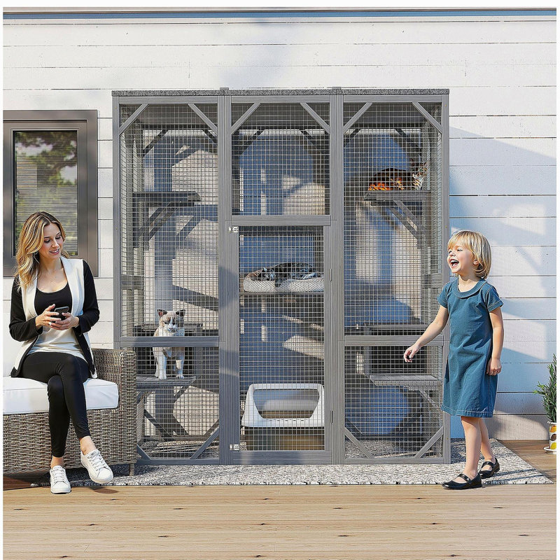 Enceinte d'extérieur pour chat, grande maisonnette pour chat 71 po avec toit imperméable, cage pour chat à 3 niveaux avec plateforme pour patio, cour et niven