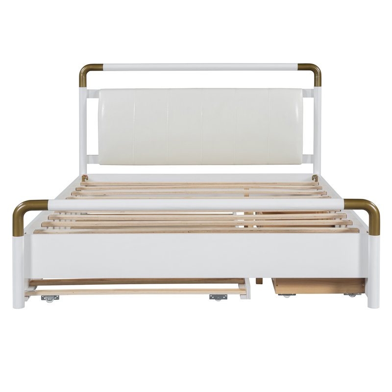 Queen Wooden Storage Platform Bed with 2 Large Drawers & T-XL Trundle , White