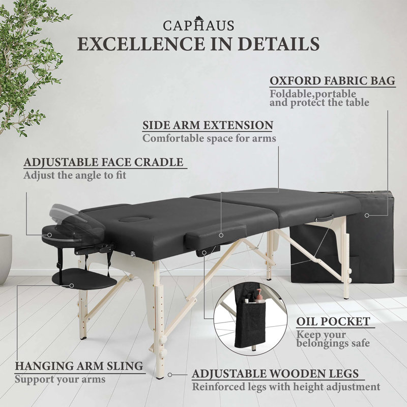 CAPHAUS 84" Foldable Memory Foam Massage Table with adjustable legs, 28”/32” Wide, Black/Purple, Black/White