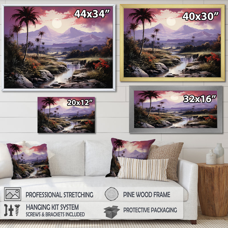 «Abstract Hawaii Palm Tree Sunset III», reproduction sur toile, H 16 po x l 32 po x P 1 po, Cadre photo noir