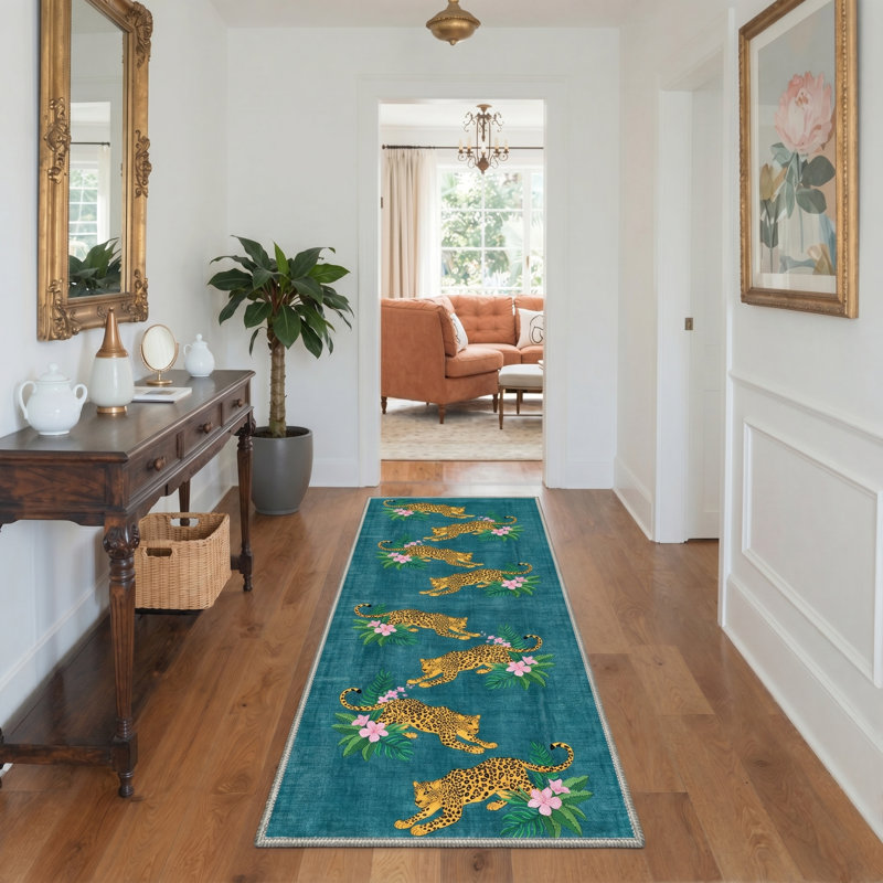 Abraham Tropique Tropical Machine Washable Blue / Green Indoor Area Rug with Non-Slip Backing, Runner 2' x 6'
