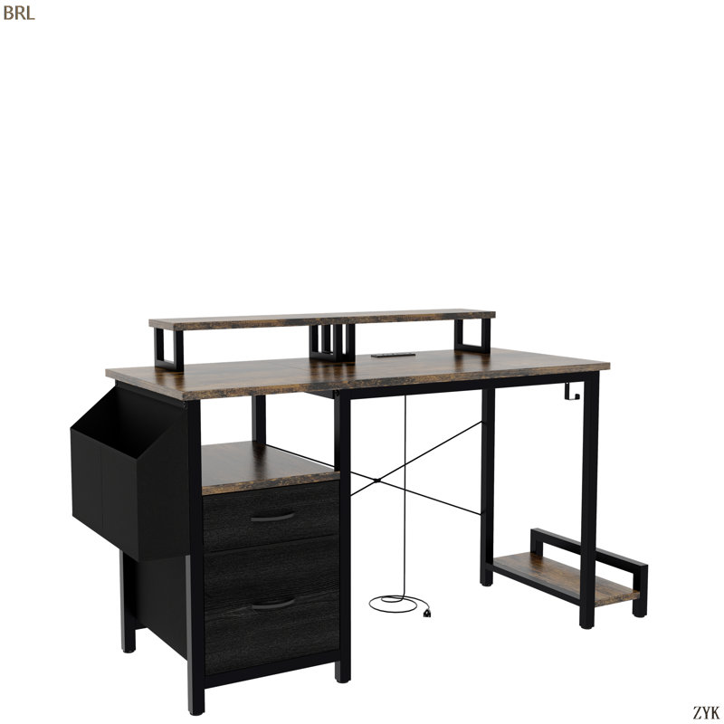 Bureau d'ordinateur avec tiroir et prises de courant, avec 2 supports pour moniteur et classeur en tissu, table d'écriture avec tablettes et crochets pour le bureau personnel