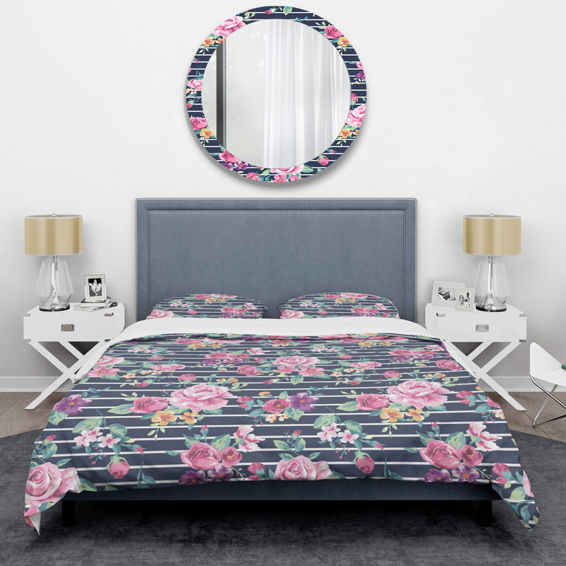 Ensemble de housse de couette Pink Flower Stripe - Cabin & Lodge, Housse de couette pour très grand lit et 2 très
