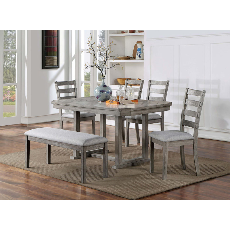 Dining Table Fabric Seat Rustic Style, 6 Pieces: Table, Bench, 4 Chairs