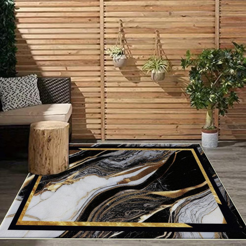 Marbled Pattern With Gold Frame Area Rug, Soft And Lightweight, Suitable For All Seasons, Easy To Maintain And Easy To Clean, Machine Washable Carpet Floor Mat, Suitable For Living Room, Bedroom, Dining Room, Hallway, Balcony, Room Decor, Home Decor, Out