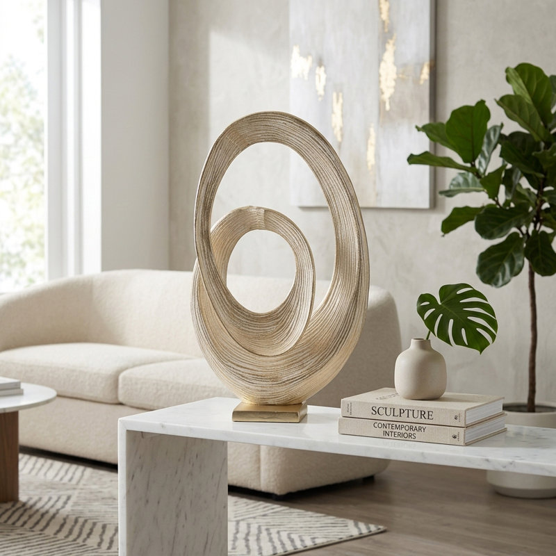 Modern Abstract Metal Ring Sculpture for Tabletop Home Decor - Decorative Oval Accent for Living Room or Office Decoration - 20", Gold & Metallic