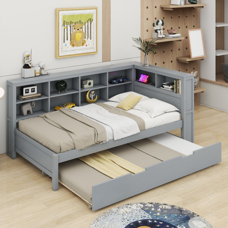 Daybed With Trundle, Shelf And USB Charging Ports, Gray, Twin