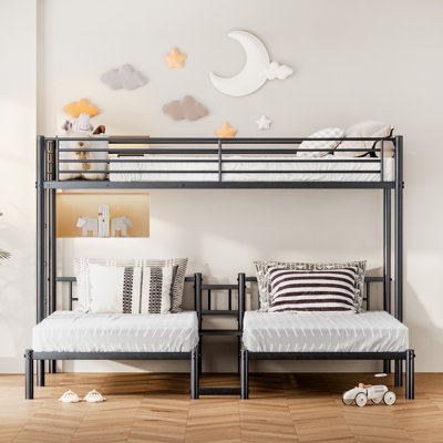 Triple Bunk Bed Twin Size,  Metal Bed Frame With Guardrails & Ladder, Black