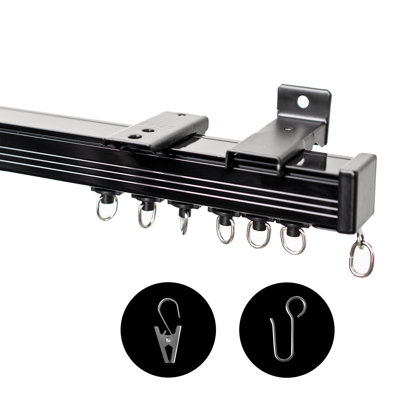 Ceiling Curtain Track, Ceiling Wall Mount Room Divider Curtain Track Rods Heavy Duty Ceiling Track Curtain Rail, RV Ceiling Track For Curtains With Rollers Hooks Clips For 6-9Ft, Black