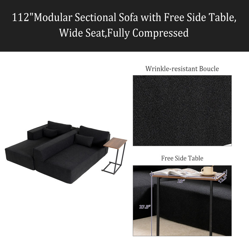 Canapé modulaire modulaire avec table d'appoint gratuite, siège large, entièrement rembourré, canapé en tissu bouclé infroissable avec méridienne, combinaison libre, canapé en forme de L pour le salon, aucun assemblage requis
