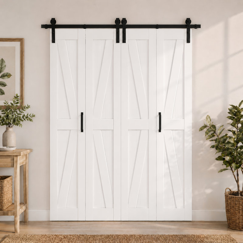 Portes de grange pliantes en bois manufacturé en forme de K avec quincaillerie d'installation, 72 po x 84 po