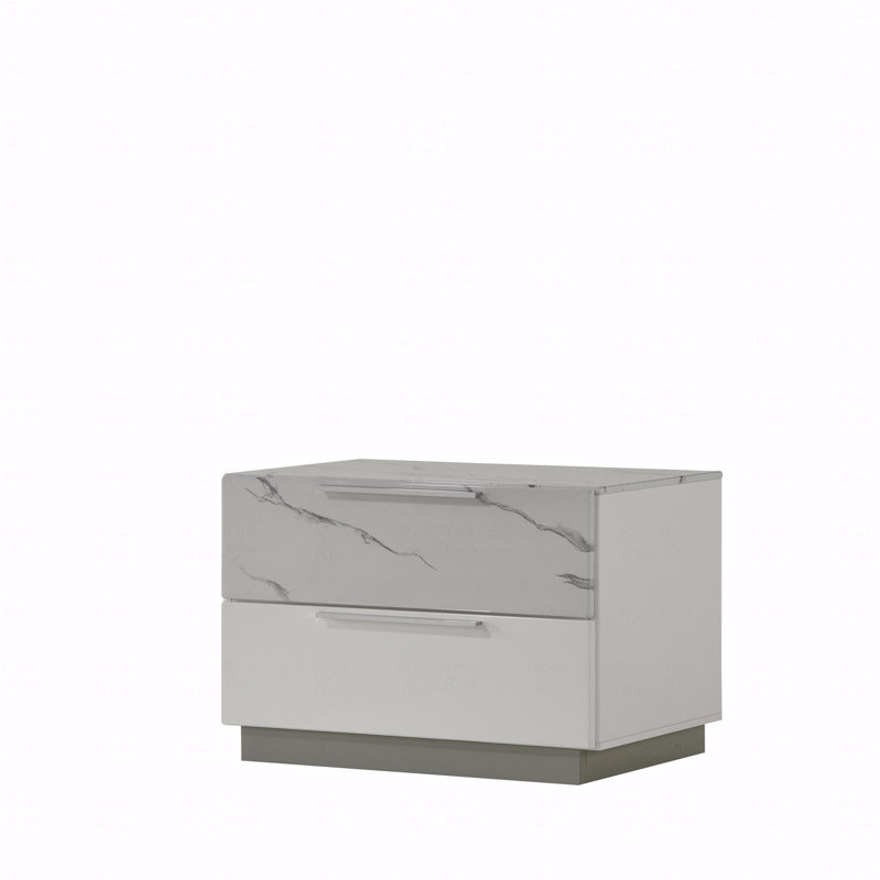 Table de chevet - Finition bicolore ultrabrillante en marbre et laque avec deux tiroirs, intérieur doublé de velours et design élégant et compact