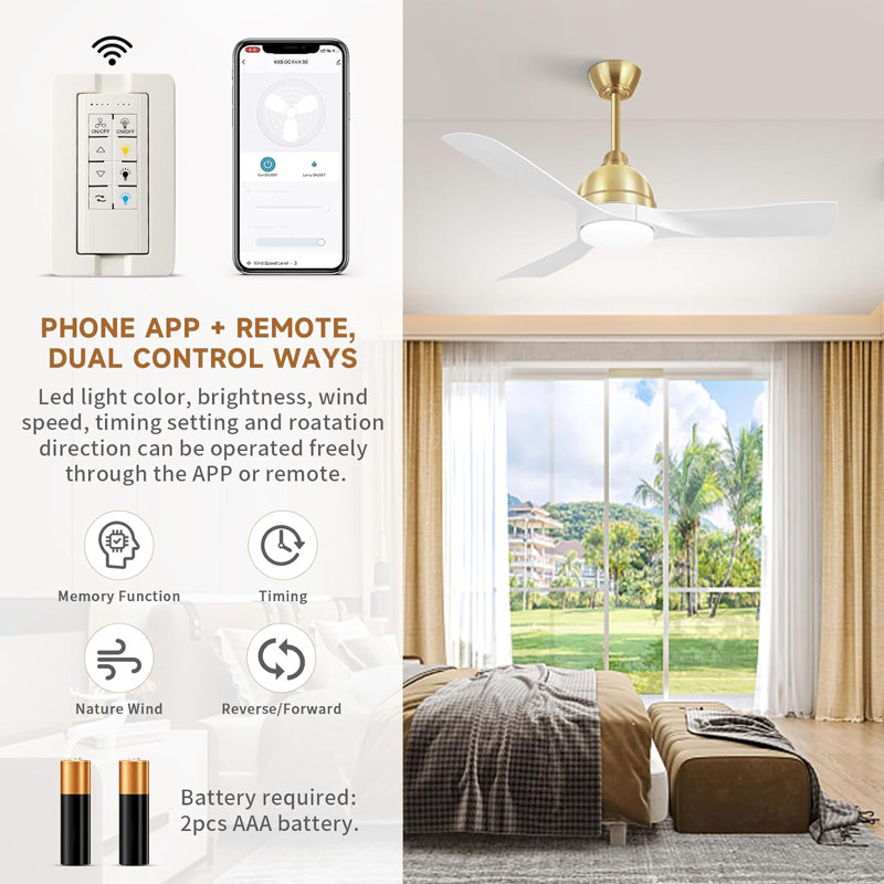 Whisper 54" 3-ABS Blade Modern Smart Ceiling Fan with LED Lights and Remote, Brushed Gold