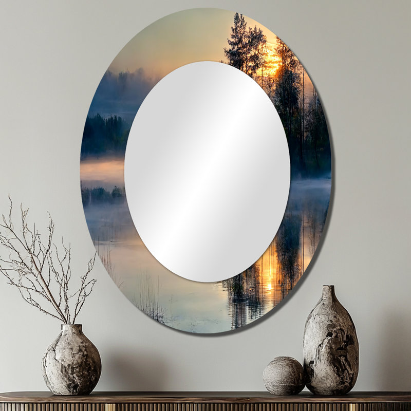 Morning Fog Over The Lake Sunset II - Large Oval Wall Mirror On Metal, 40" x 30"