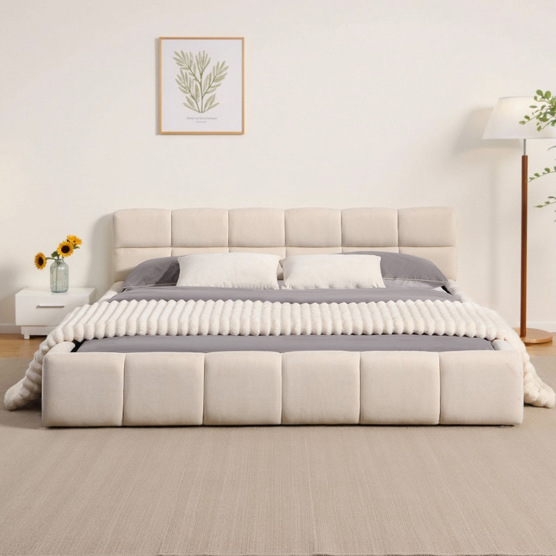 Élégante base de lit tapissier en chenille beige avec tête de lit en damier, texture douce et esthétique moderne, Grand lit
