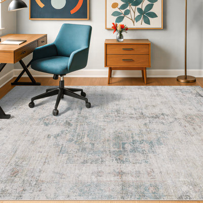 Tapis abstrait bleu clair 150 x 210 cm pour salon ou grande entrée, antidérapant avec envers en caoutchouc et résistant aux taches, motif vieilli