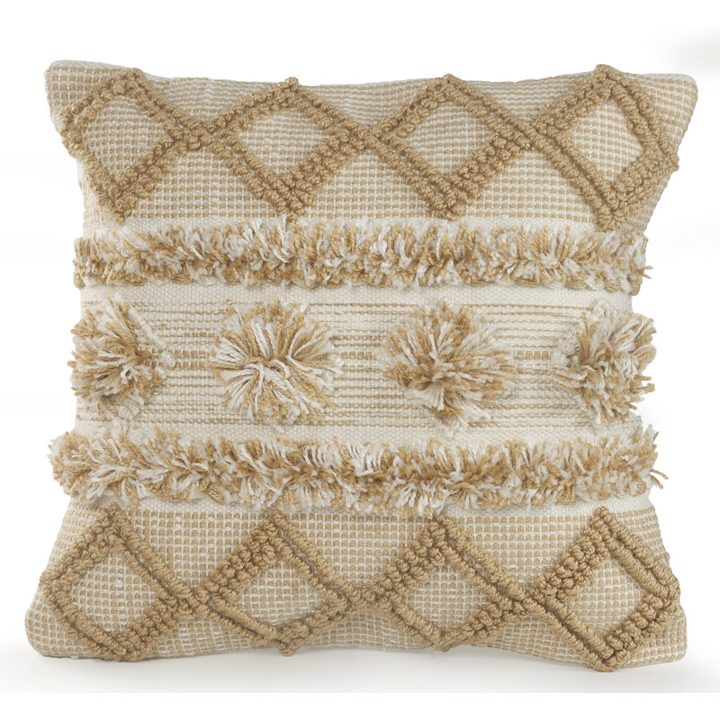 Neutral Beige and Cream Pom Pom Geometric Square Pillow