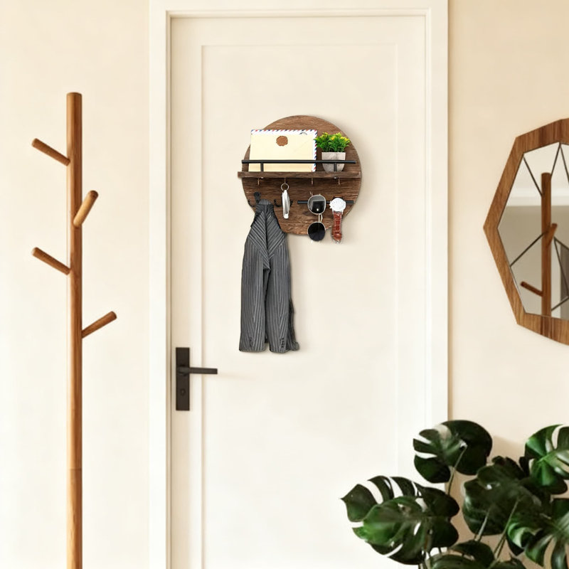 Porte-clés mural avec tablette à courrier et crochets, organisateur de vestibule circulaire avec tablette flottante et crochets en métal pour les clés, le courrier et le rangement de l'entrée