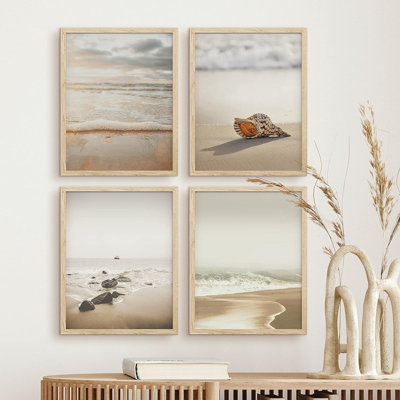 " SIGNLEADER Framed Minimal Beach Shore Ocean Sea Seashell Wall Art, Set Of 4 Landscape Colourful Wall Decor Prints, Nature Wilderness Wall Decor For Living Room, Bedroom " 4 - Pieces