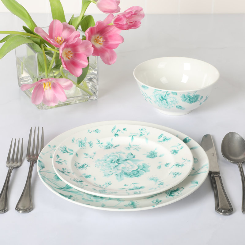 Teal Floral Porcelain 12-Piece Round Dinnerware Set