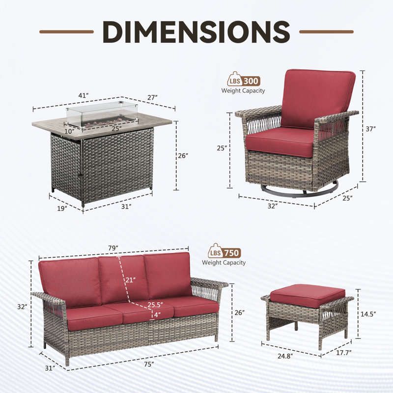 Anferney 6-Piece Outdoor Patio Sofa Conversation Set With Fire Pit Table, Red