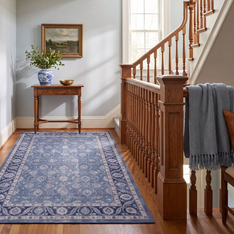 Tapis Flint traditionnel à motif floral intégral bleu, gris et crème, lavable en machine, antidérapant, à poils courts, pour intérieur et extérieur, adapté aux animaux domestiques, idéal pour le salon, la chambre, la salle à manger, l'entrée, le corridor ou le bureau.