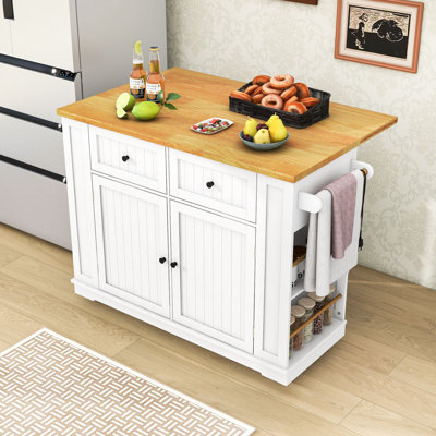 Kitchen Island with Drop Leaf,Power Outlet and 5 Side Racks
