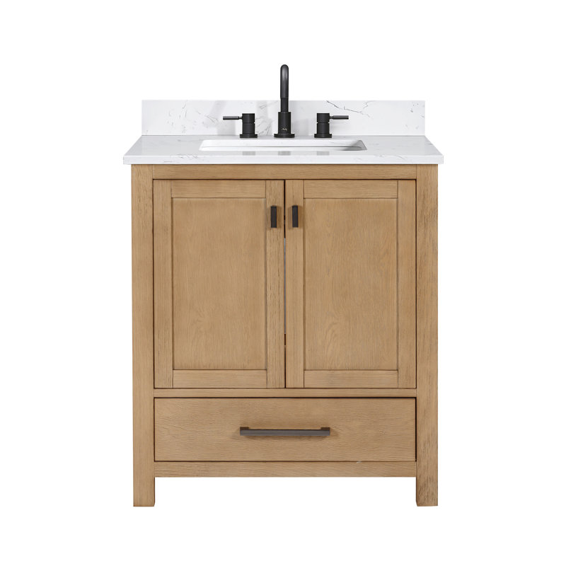 Modero 30" Single Bathroom Vanity with Top, Cala White Marble, Brushed Oak, Black