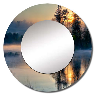 Morning Fog Over The Lake Sunset II - Lake Wall Mirror, Traditional Round Decorative Mirror, Printed Metal Art
