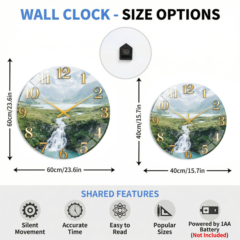 "Mountain Stream", horloge murale en verre, 40 x 40 cm (15,7 x 15,7 pouces)