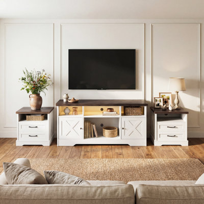 Caldwell 3 Piece Living Room Set - Tv Stand With Power Outlet And Led Light And 2 End Tables With Drawer And Shelf Storage