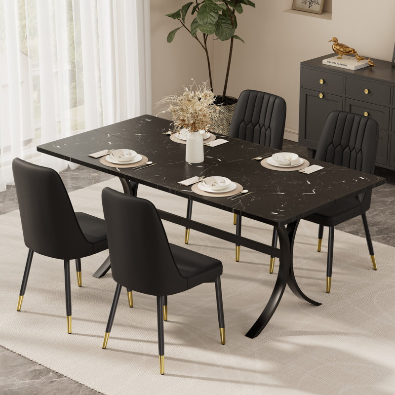 Ensemble de table de salle à manger rectangulaire moderne pour 4 à 6 personnes, table de cuisine en marbre et chaise rembourrée en similicuir pour la salle à manger