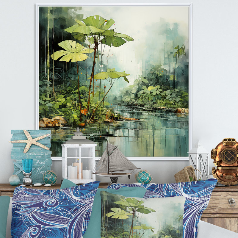 «Tropical Jungle River II» - art mural bord de mer tropical, Cadre flottant blanc, H 16 po x l 16 po x P 1 po