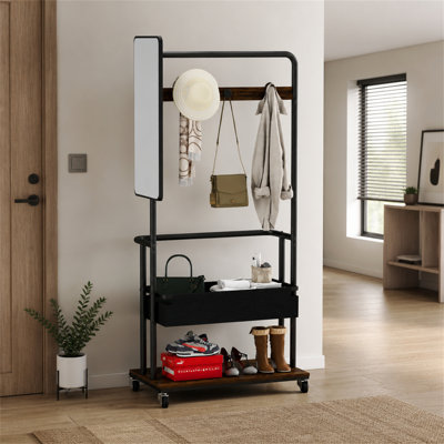 Portemanteau robuste en métal avec roulettes, conception 3 en 1, comprend un panier et un miroir, portemanteau suspendu, portemanteau mobile avec roulettes, grande capacité de rangement: L 27,6 po x l 15,7 po x H 67,0 po