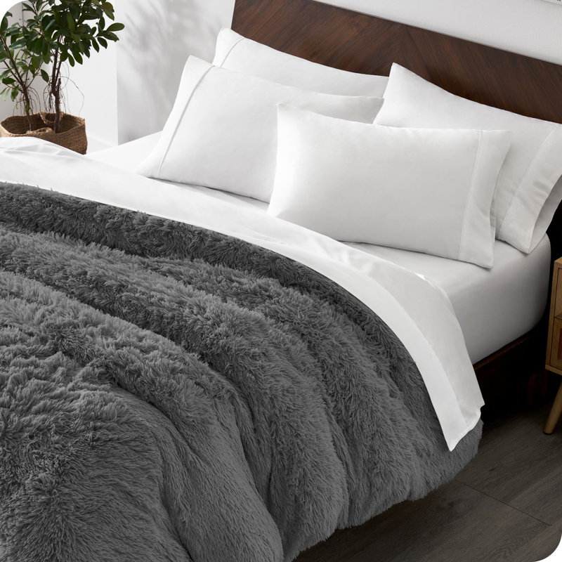 Gray Twin/Twin XL Shaggy Faux Fur Duvet Cover with Crystal Velvet Back