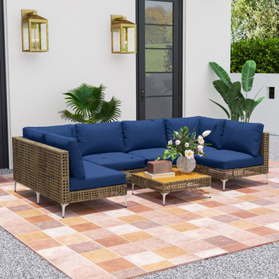 Ensemble de meubles de patio 7 pièces en osier, canapé modulaire d'extérieur avec coussins épaissis, ensemble de conversation de meubles d'extérieur en rotin avec table à lattes en bois d'acacia pour la cour, kaki /