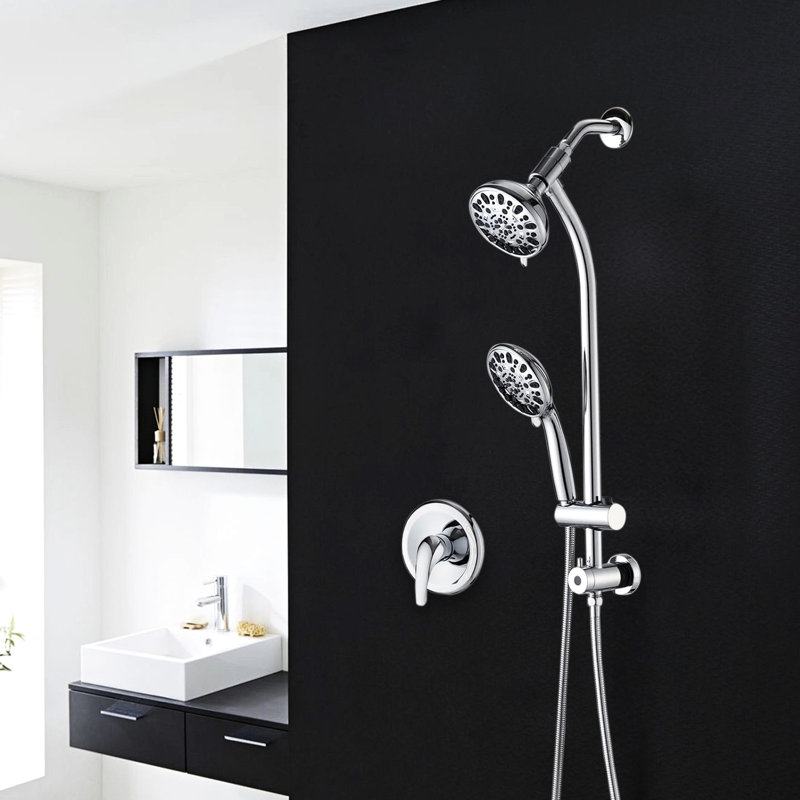 7 douches doubles à jet, à main et au-dessus, fonction d'économie d'eau, barre coulissante réglable de 26 po, finition noir mat, ensemble d'installation de salle de bain, installation de douche, fonction de pause de 5 po, complet