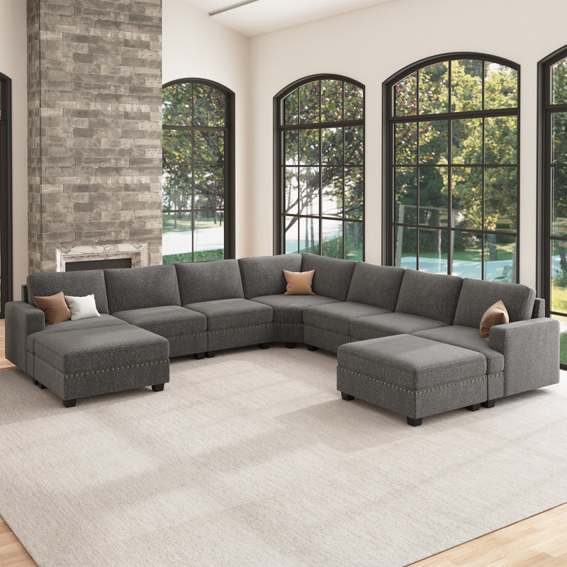 Canapé modulaire standard avec repose-pieds Anureet, 100 % polyester gris clair